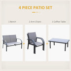 Charcoal grey patio bench, arm chairs, and coffee table in a 4-piece set
