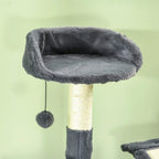 Dark grey top hammock bed on a sisal scratching post with a hanging ball