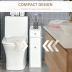 White slim bathroom floor cabinet with two drawers and silver round drawer pulls