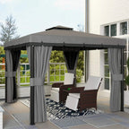 Light grey patio gazebo canopy with curtains and open center seating area