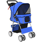 Blue pet stroller with black canopy, mesh panels, and four rolling wheels