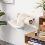 Wall-mounted cat perch shelf with a white cat on a cream faux fur cushion