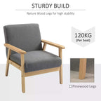 Grey upholstered accent chair with padded seat and pine wood legs