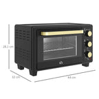 Black countertop toaster oven with glass door, gold bar above window, and knobs