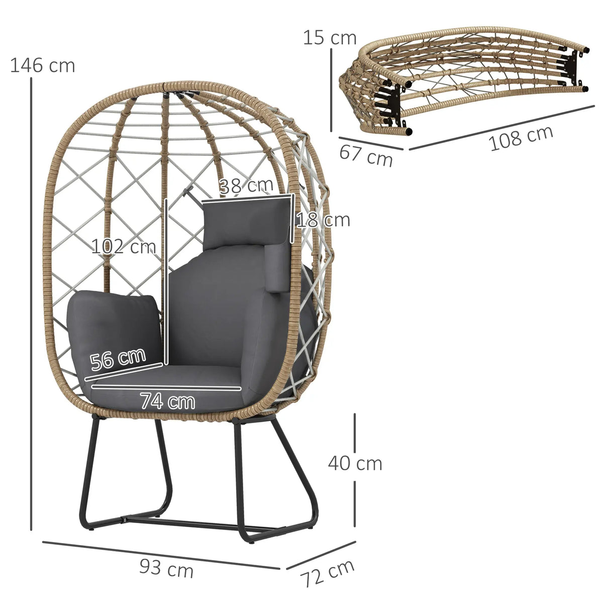 Outsunny Rattan Egg Chair Outdoor Indoor Wicker Chair with Thickened Cushion and Headrest, Standing Garden Egg Chair