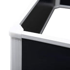 Raised garden bed open end detail with black interior and white frame