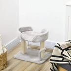 Light grey indoor cat tree with rounded plush top, sisal posts, and hanging toy ball