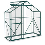 Green polycarbonate walk-in greenhouse with hinged-style door and louvered sides