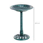 Green outdoor bird bath stand with shallow basin, scalloped rim, and circular base