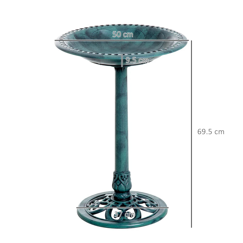 Green outdoor bird bath stand with shallow basin, scalloped rim, and circular base