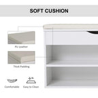 White shoe bench with light beige PU leather padded seat and thick cushioning
