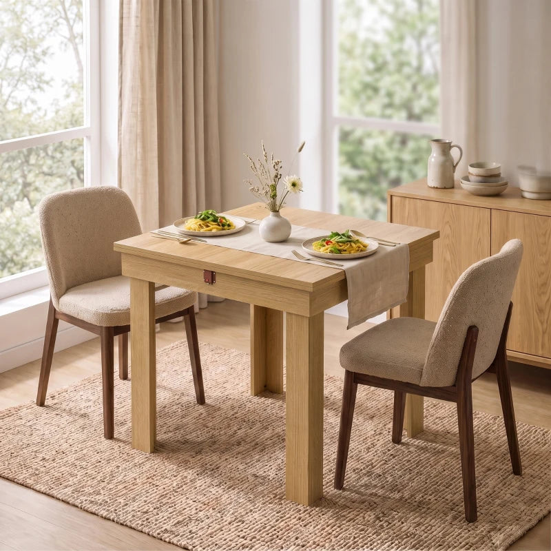 Oak-effect folding dining table with four seats in a bright living-dining room