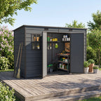 Dark grey resin storage shed with open doors, interior shelving, and side windows