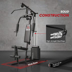 Black home gym machine with high-strength steel rope, wide base, and stacked weight system