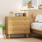 Oak 3-drawer dresser chest with ribbed drawers, round knobs, and gold legs