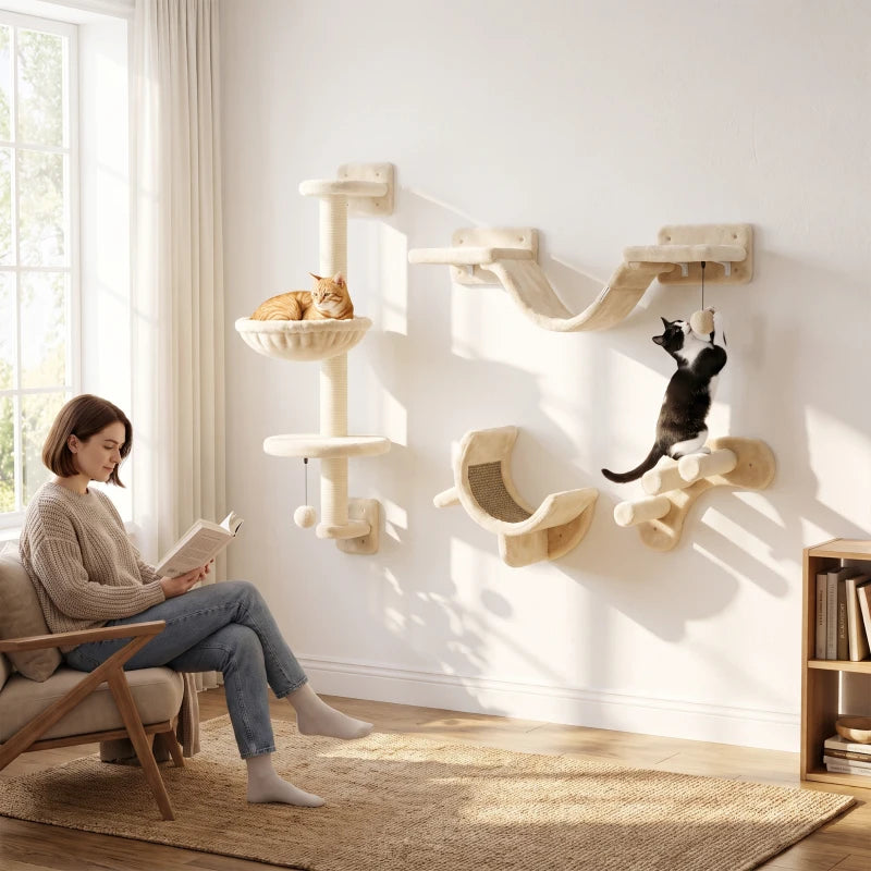 Beige wall-mounted cat furniture set with hammock, platforms, ladder and scratching posts