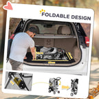 Foldable three-wheel pet stroller concept in a car trunk, grey and white body