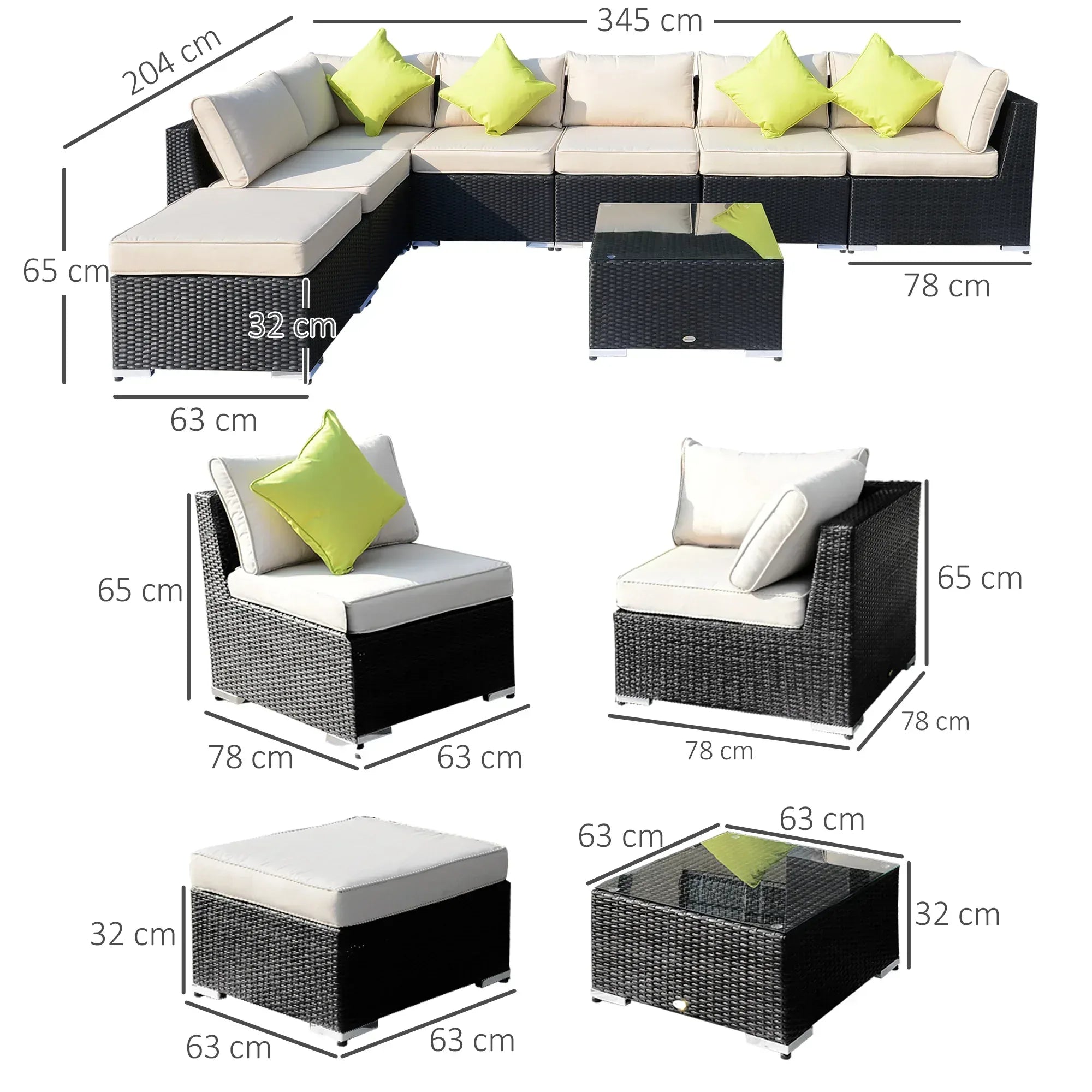 8 Piece Rattan Corner Sofa Set with Wide & Deep Seat, Assembled Aluminium PE Rattan Garden Furniture Set with Thick Cushions and Glass Top Table for Outdoor, Conservatory, Black - Bobobiy