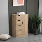 Light wood storage cabinet standing in a room, with three drawers and a side door