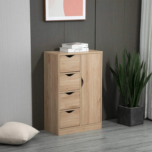 Light wood storage cabinet standing in a room, with three drawers and a side door