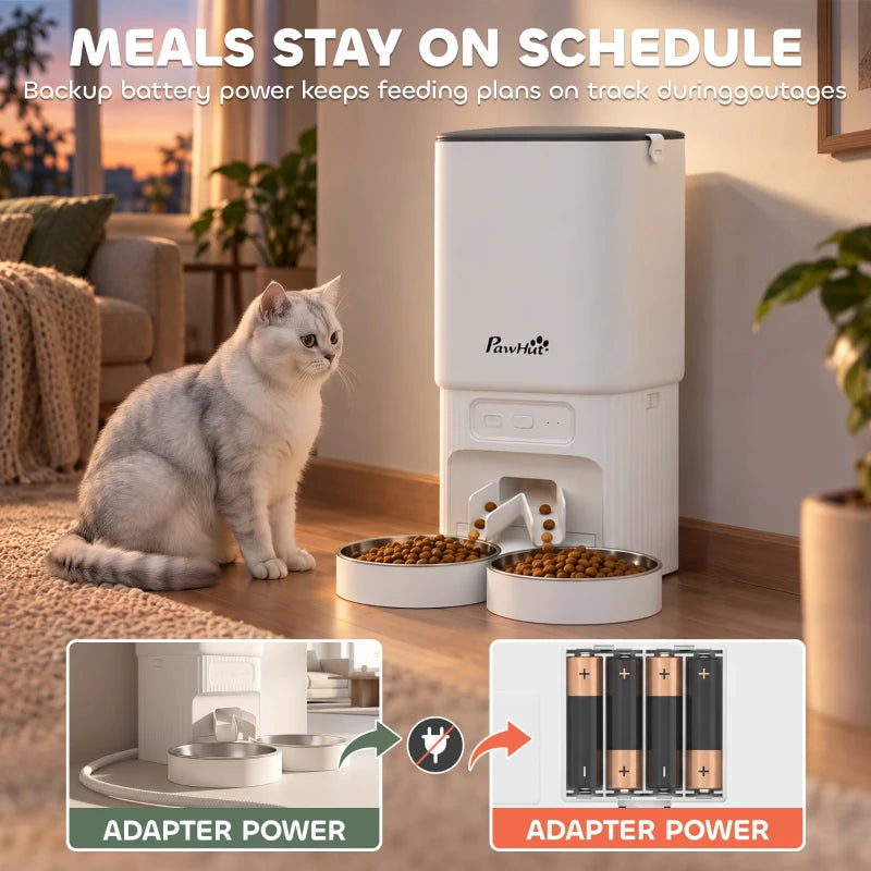 White 7L automatic cat feeder with two stainless bowls and bottom power bay