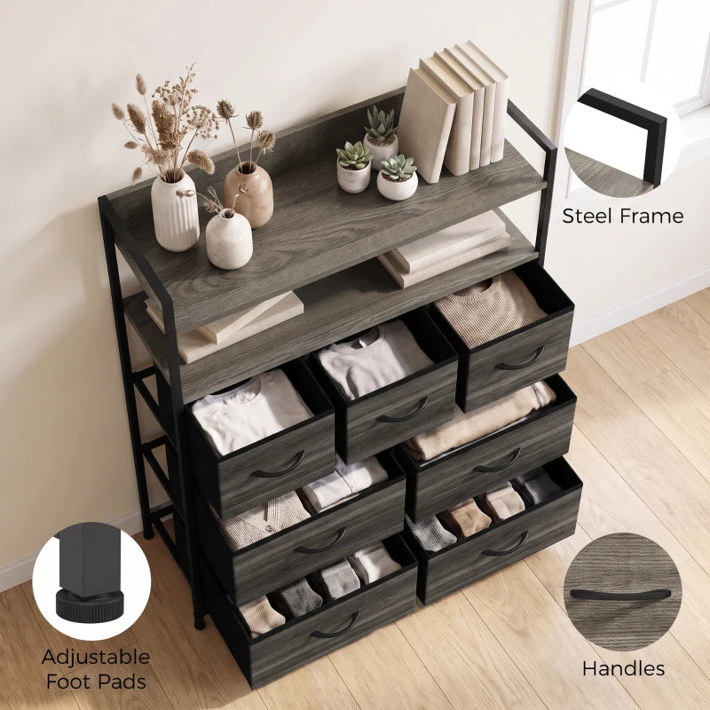 Grey wood-effect fabric dresser with open shelves, adjustable foot pads, and handles