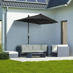 Black half market umbrella with open canopy over outdoor seating