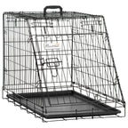 Black wire dog travel crate with top handle and removable dark tray, open front