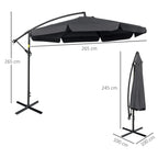 Black cantilever banana parasol with hanging side cover; cross base dimensions shown