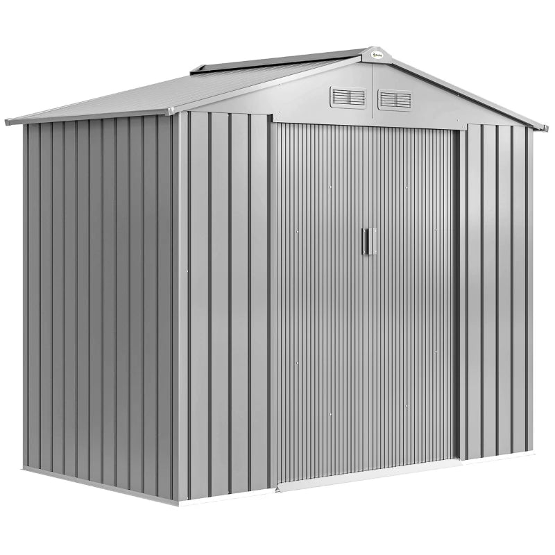 Light grey metal garden tool storage shed with double sliding doors, lockable design.