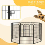 Black metal puppy playpen with side door and latch for secure entry.