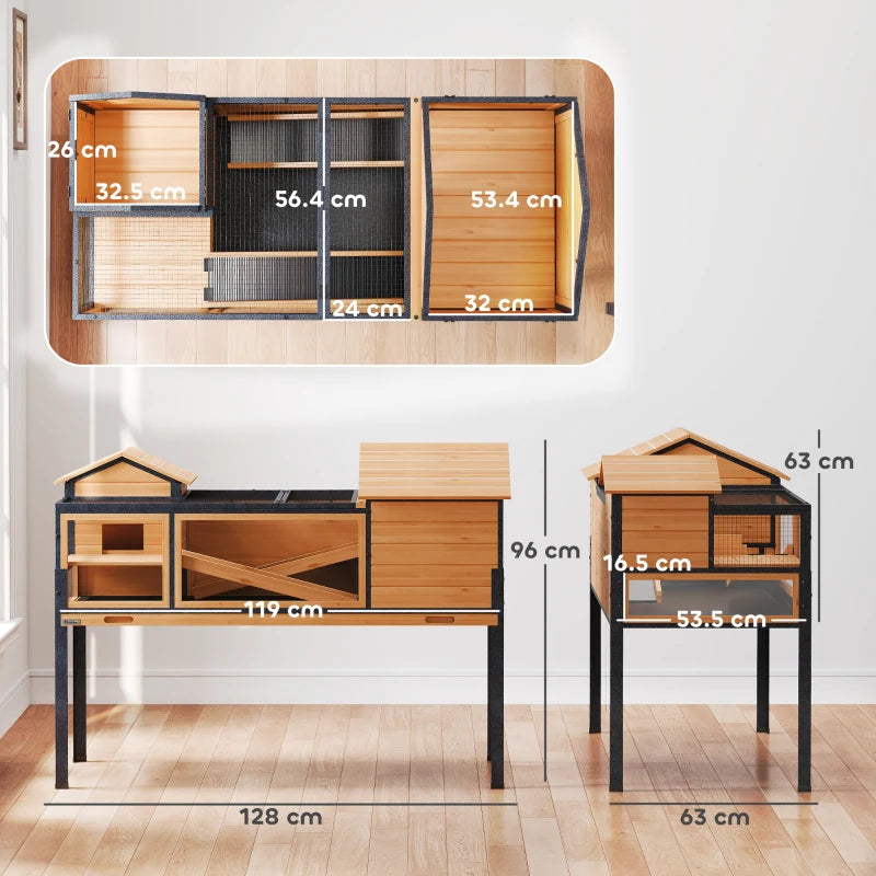 Two-level wooden tortoise house with stand and ramps, clear windows, yellow frame