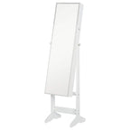 White full-length standing jewelry armoire mirror with lockable storage cabinet
