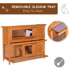 Natural wood two-tier guinea pig hutch with wire mesh windows and a front tray access area.