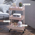 Pink three-tier steel storage trolley with side handles, mesh panels, and caster wheels