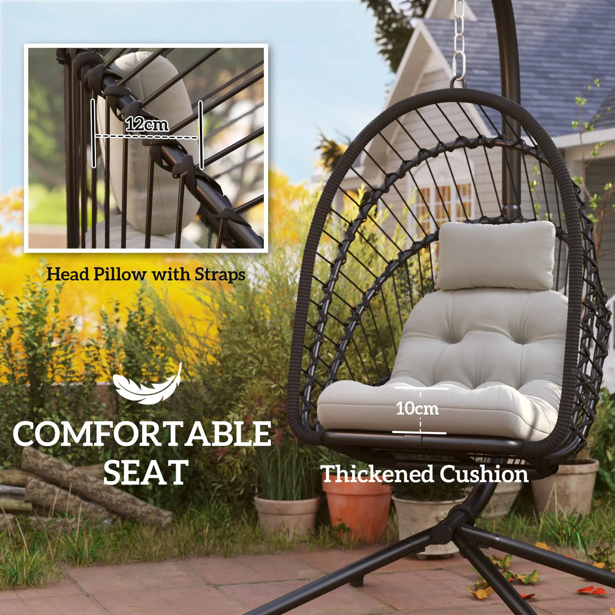 Outsunny Outdoor PE Rattan Swing Chair with Foldable Basket and Cushion, Garden Patio Hanging Egg Chair with Metal Stand