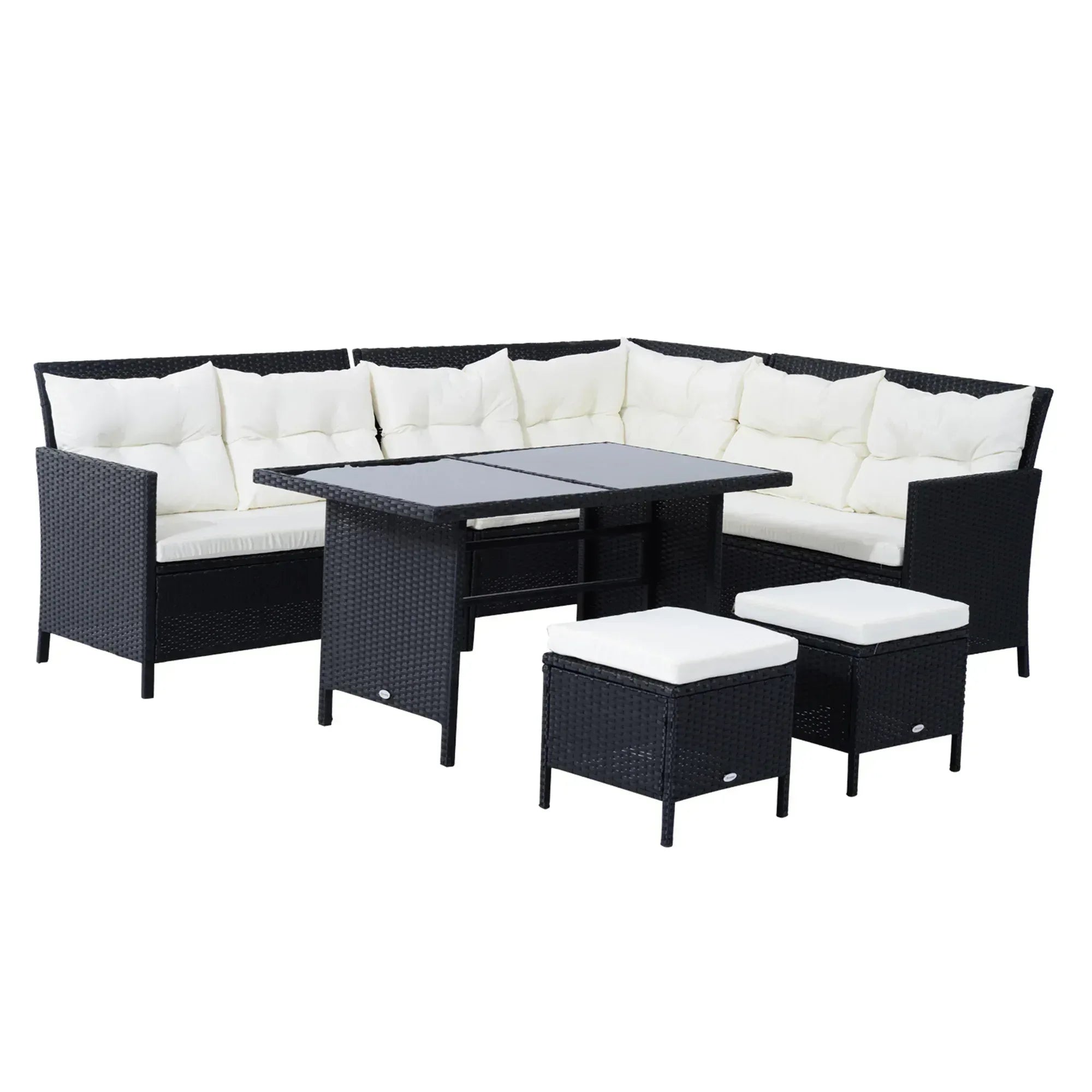 8-Seater Garden Rattan Furniture Rattan Corner Dining Sofa Set Wicker Conservatory Furniture Lawn Patio Coffee Table Foot Stool w/Cushion-Black - Bobobiy