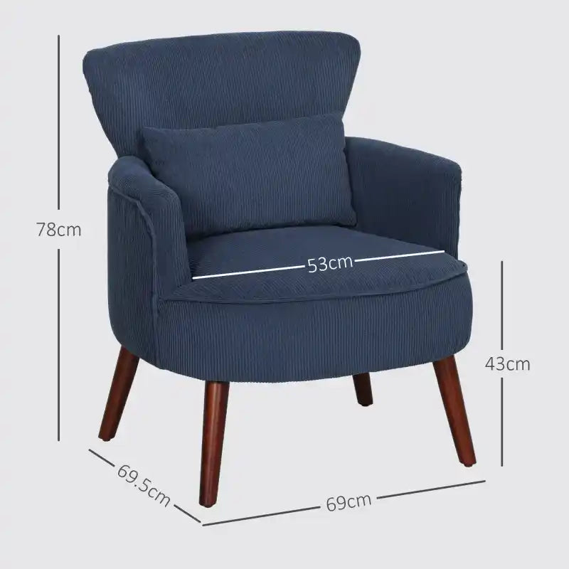 Blue corduroy accent armchair with wing back, rounded seat, and dark wood legs