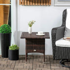 Brown woven rattan-style outdoor side table with square top beside potted plants