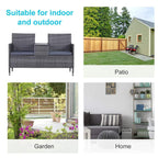 Grey 2-seater PE rattan outdoor bench set with center table and upholstered cushions