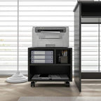 Black printer cabinet with central bay, side organizer, and caster wheels