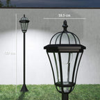 Black solar lantern post light with height guide, five-sided clear glass and finial top.