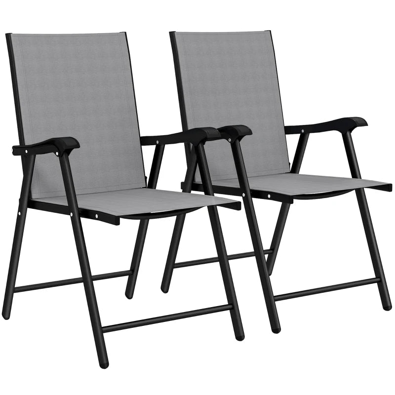 Set of 2 folding garden chairs, light gray high-back texteline seats with black armrests