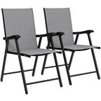 Set of 2 folding garden chairs, light gray high-back texteline seats with black armrests