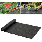Black weed barrier fabric roll laid out flat, heavy-duty nonwoven ground cover with grid lines