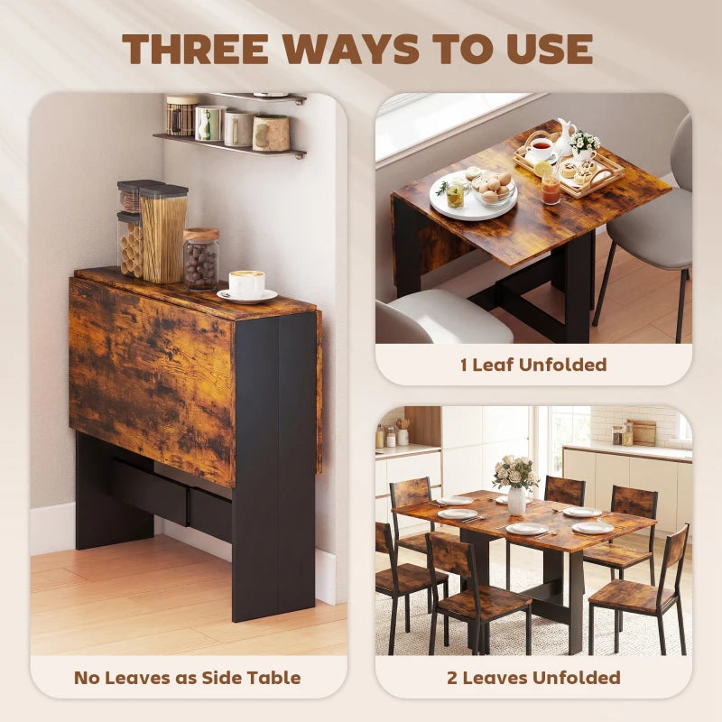 Rustic brown folding dining table with leaf folded down for compact use