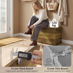 Brown storage chest used as a bench with open hinged lid and measurement callouts.