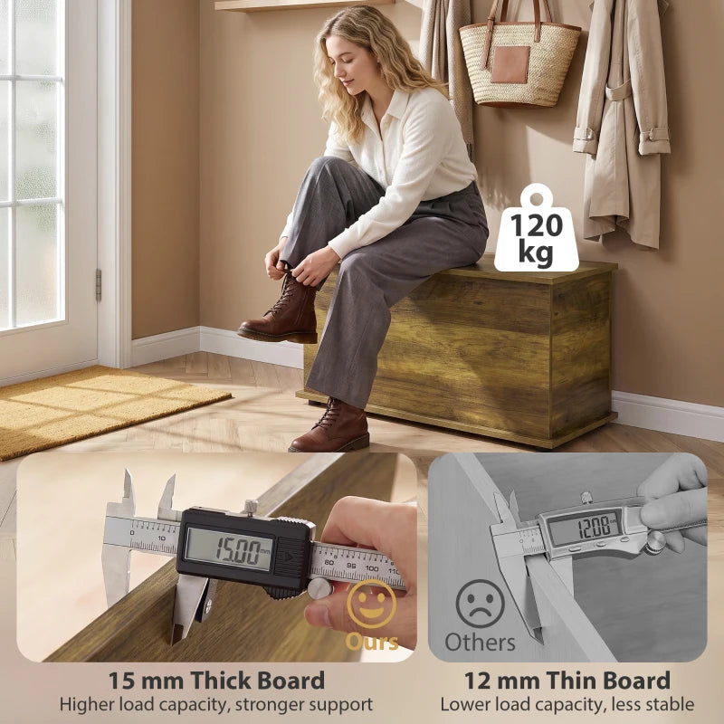 Brown storage chest used as a bench with open hinged lid and measurement callouts.