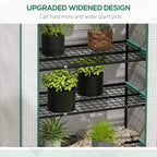 Mini greenhouse with white PE cover and black wire shelves holding potted plants