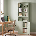 Light green standing bookcase with open shelves and door cabinet for books and storage